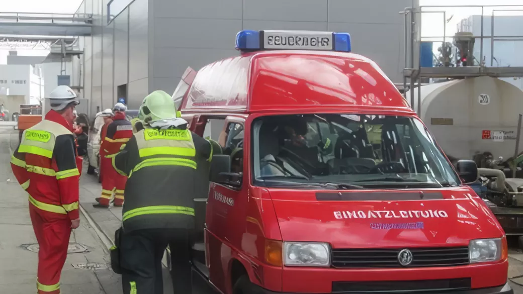 Factory fire brigade with ambulance. 