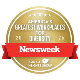 A gold circular badge with a red ribbon across it reads "America's Greatest Workplaces for Diversity 2024" at the top. Below the ribbon is the Newsweek logo and a small leaf icon with the text "Plant-A Insights Group.